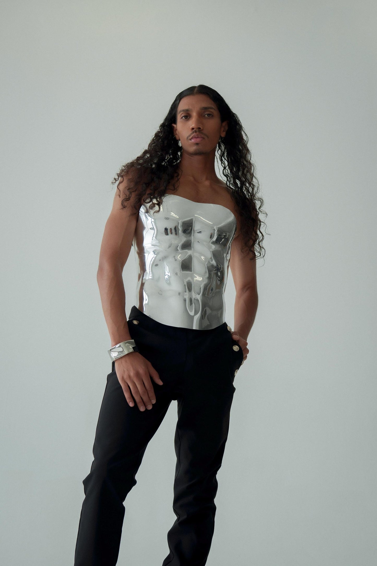 Sculptural Silver Corset Top: Futuristic Metallic Chest Armor, Avant-Garde Fashion