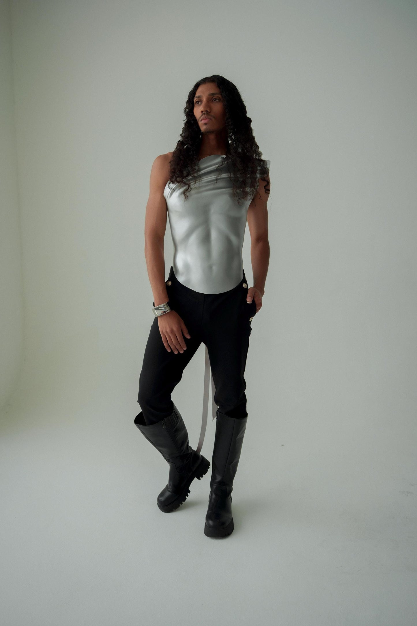 Metallic Sculpted Corset, Futuristic Torso Armor, Runway Editorial Statement Piece