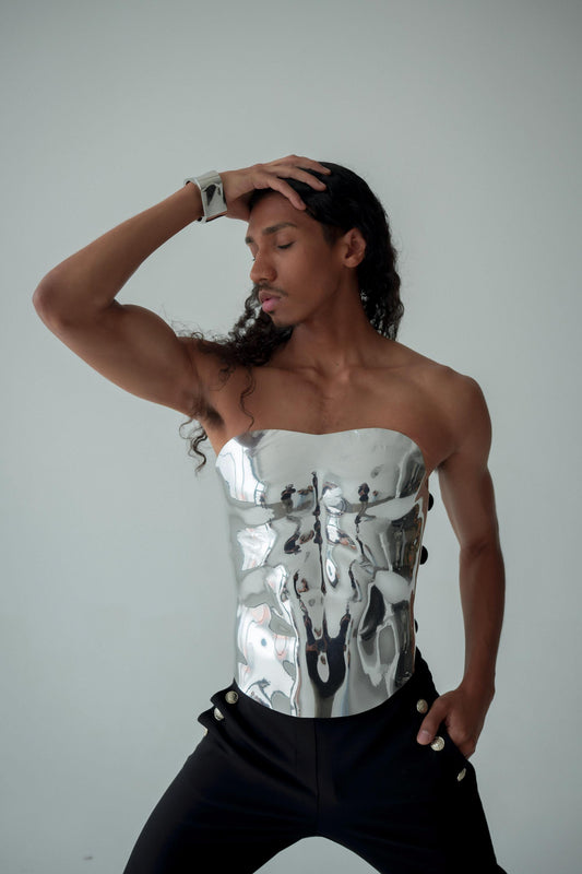 Sculptural Silver Corset Top: Futuristic Metallic Chest Armor, Avant-Garde Fashion