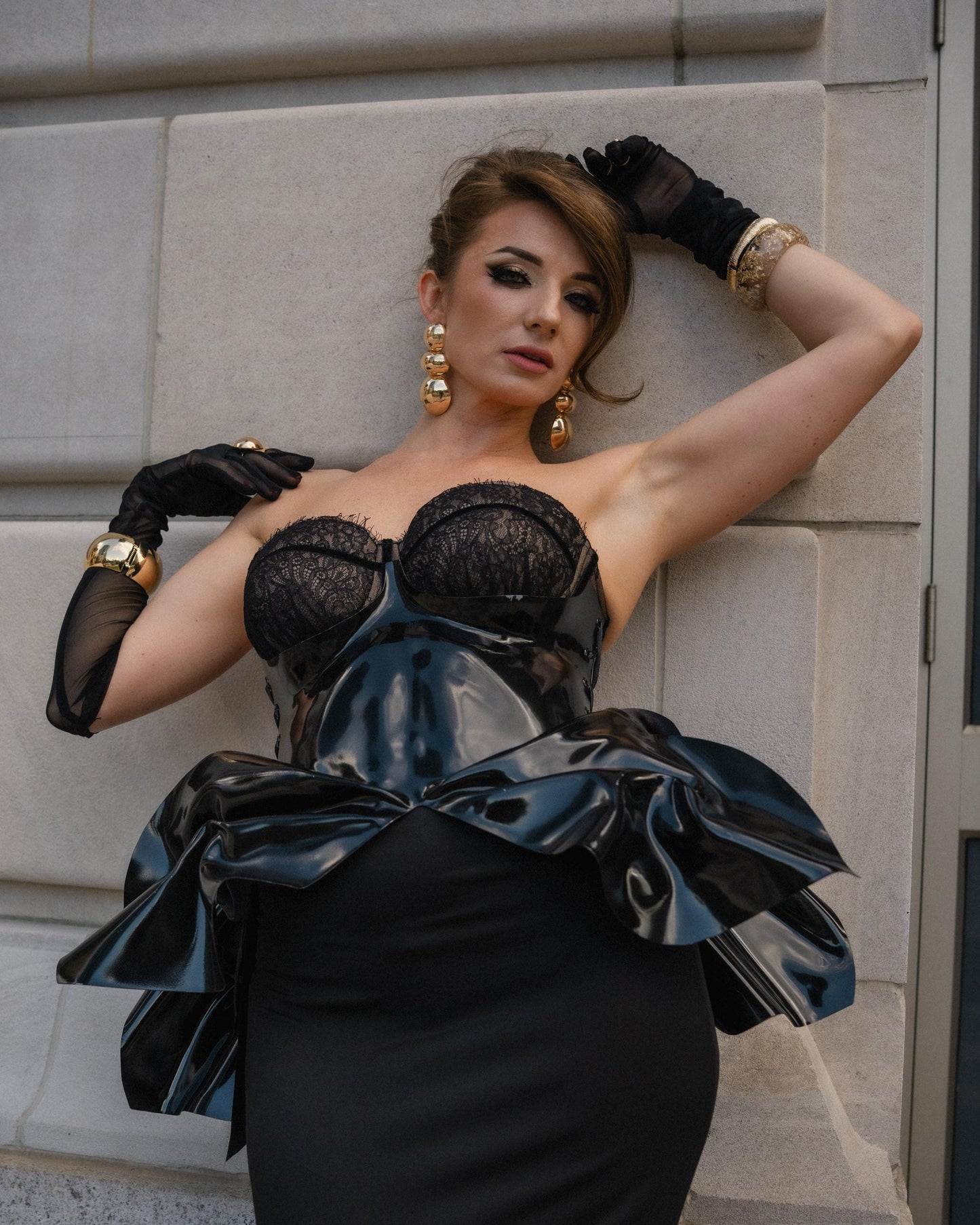 Black Sculptural PVC Corset Peplum Harness, Avant Garde Runway Waist Cincher, Futuristic Editorial Fashion