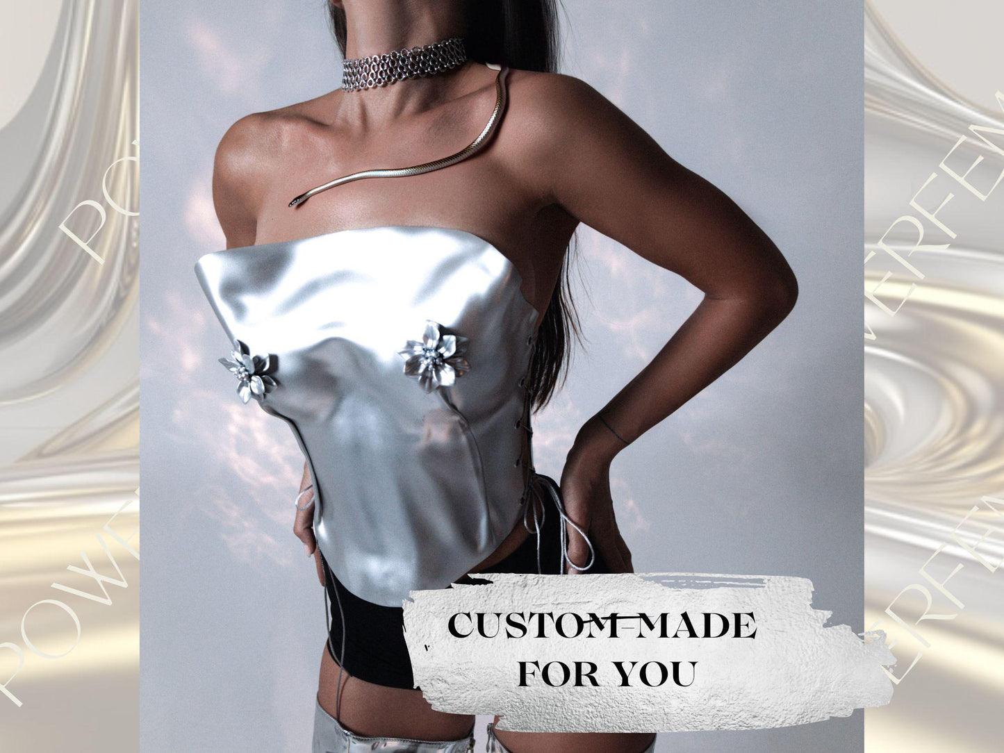 Silver Metallic Bustier Corset, Sculpted Flower Cup Top, Futuristic Statement Wearable Art