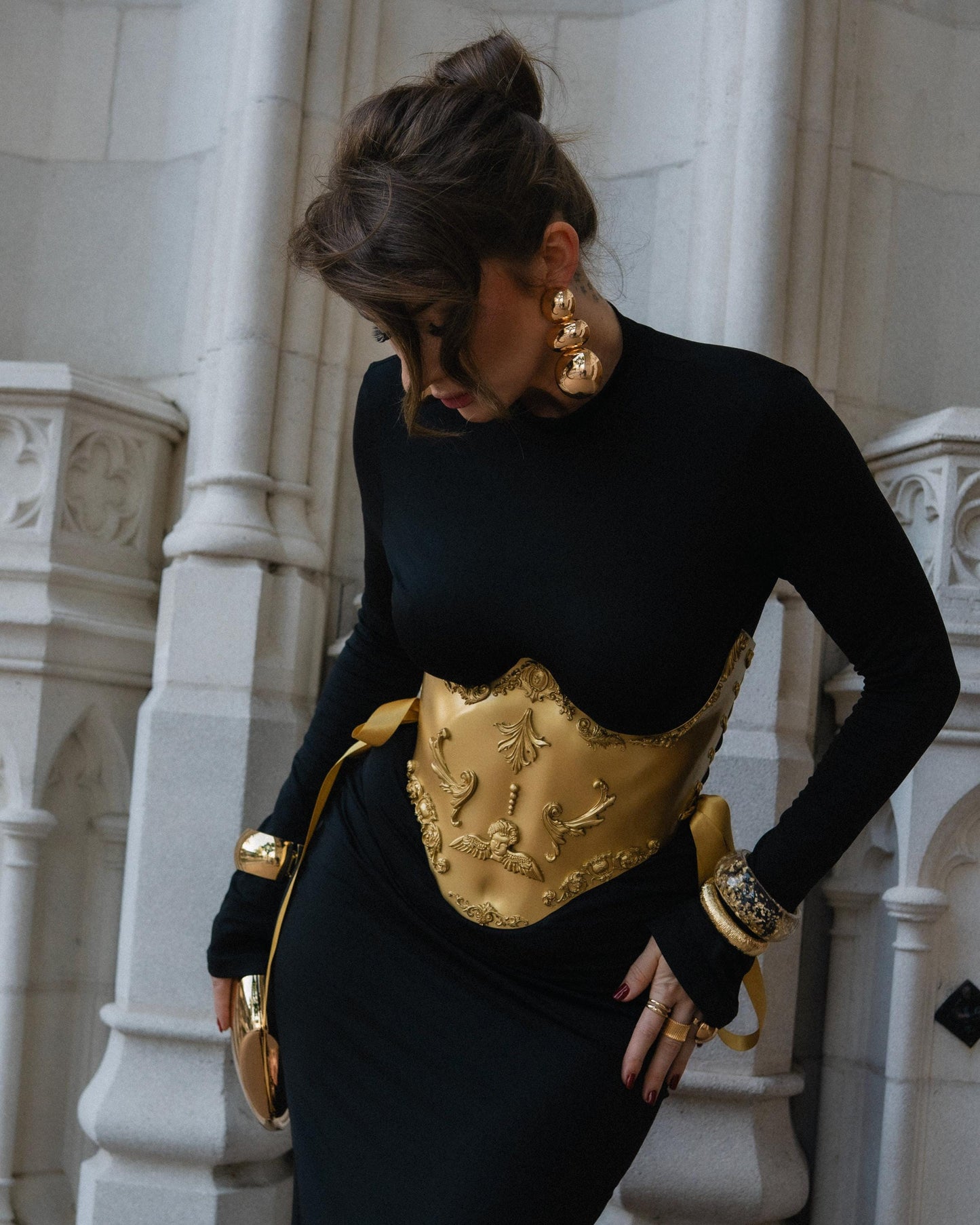 Gold Baroque Sculptural Corset Belt, Handmade Acrylic Waist Cincher, Lace Up Side Corset Couture