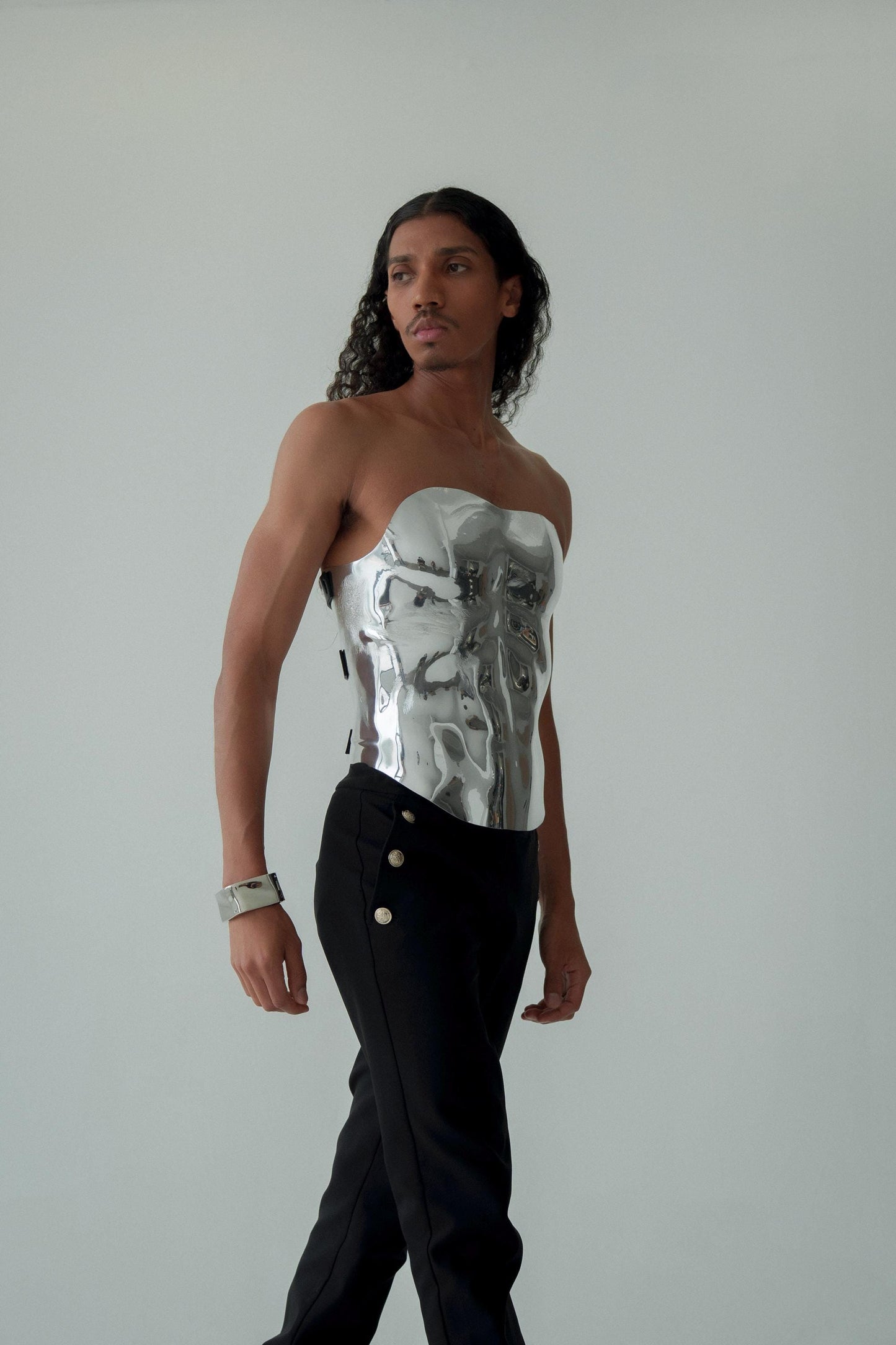 Sculptural Silver Corset Top: Futuristic Metallic Chest Armor, Avant-Garde Fashion