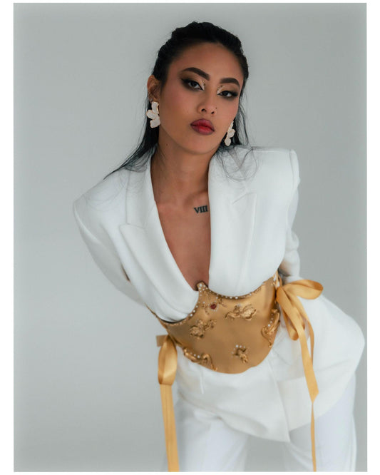 Gold Angel Corset Belt: Metallic Y2K Bustier, Stage Wear