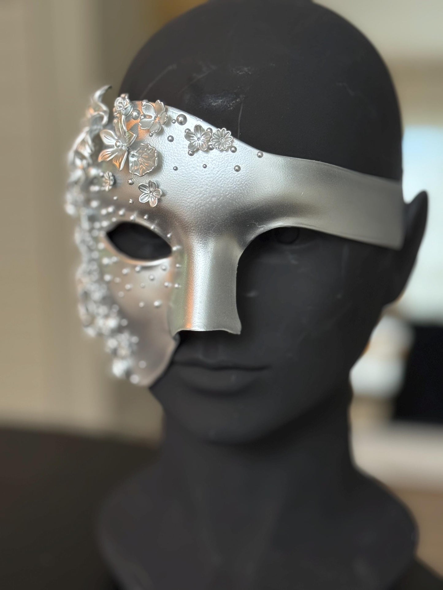 Silver Masquerade Mask: Couture Floral Pearl Fantasy Costume