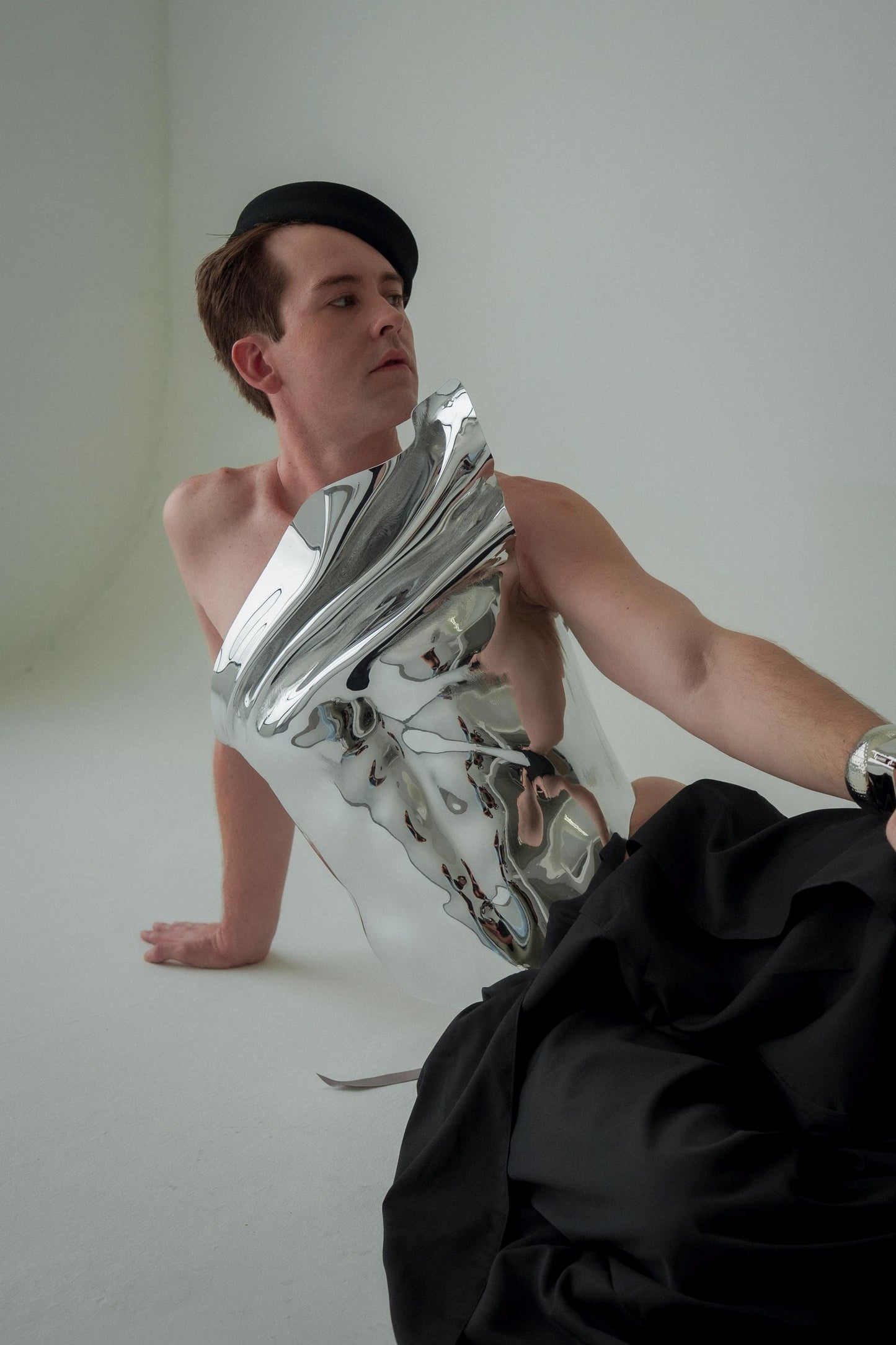 Men's Silver Metallic Corset Armor: Royal Chromium Fashion Top