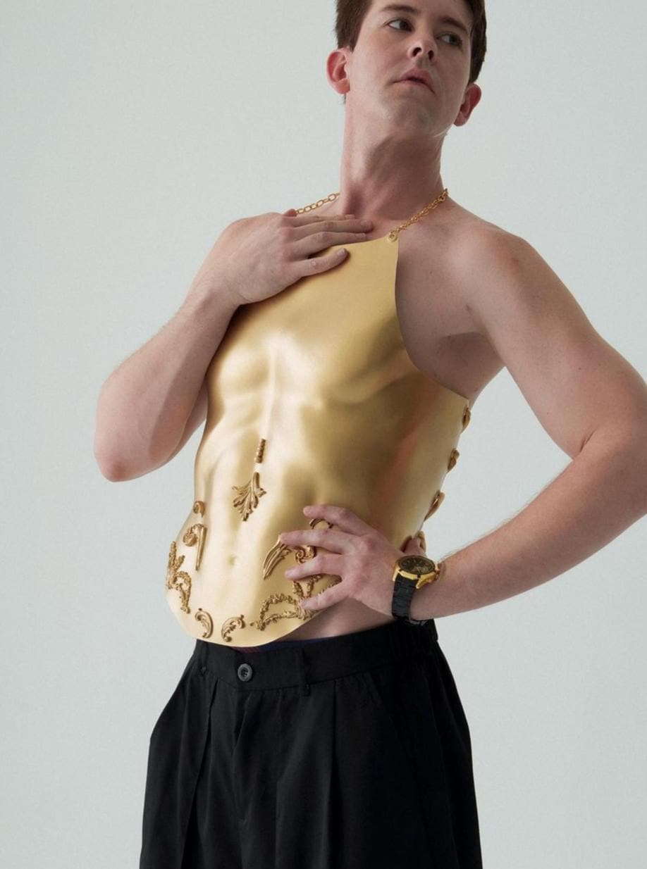 Custom Gold Corset: Men's Festival Stage Armor, Avant Garde Fashion