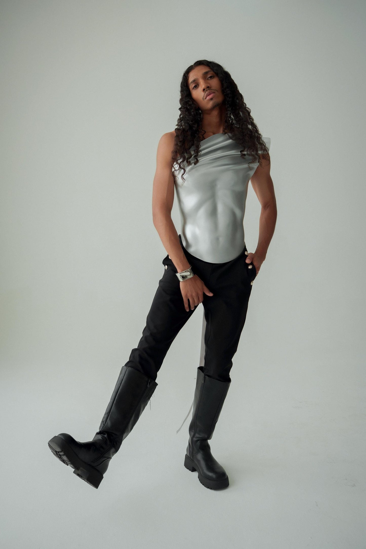 Metallic Sculpted Corset, Futuristic Torso Armor, Runway Editorial Statement Piece