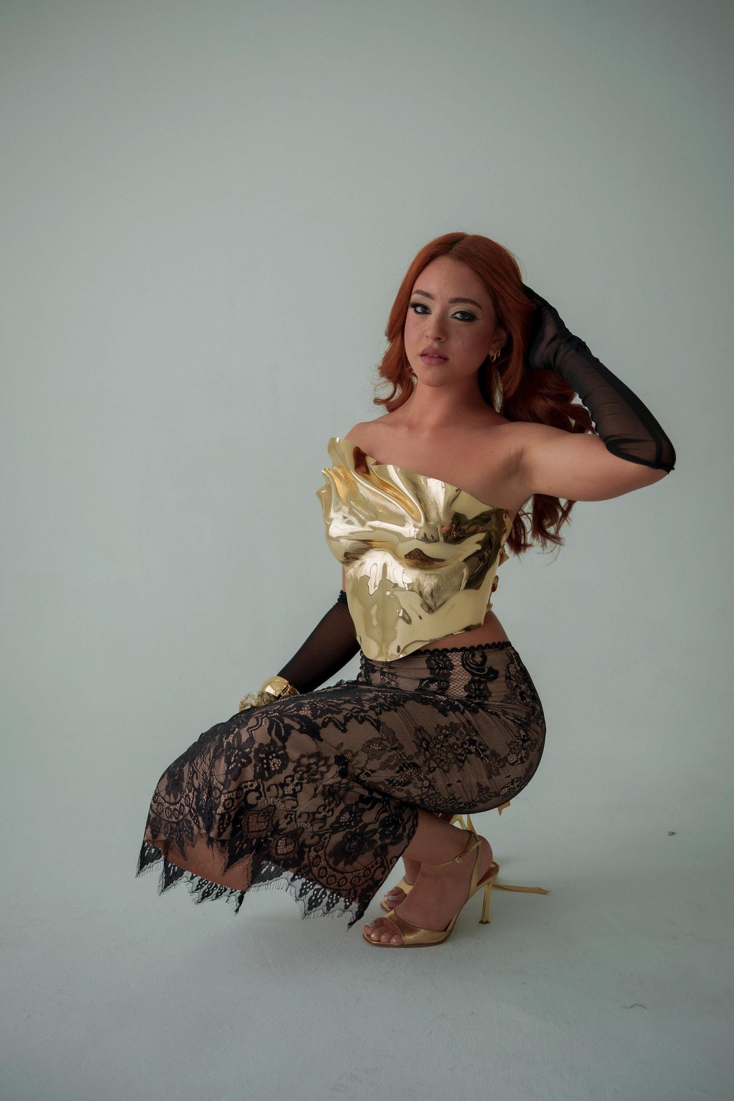 Gold Sculptural Corset Top Mirror Metallic Bustier Avant Garde Festival Rave Outfit Editorial Statement