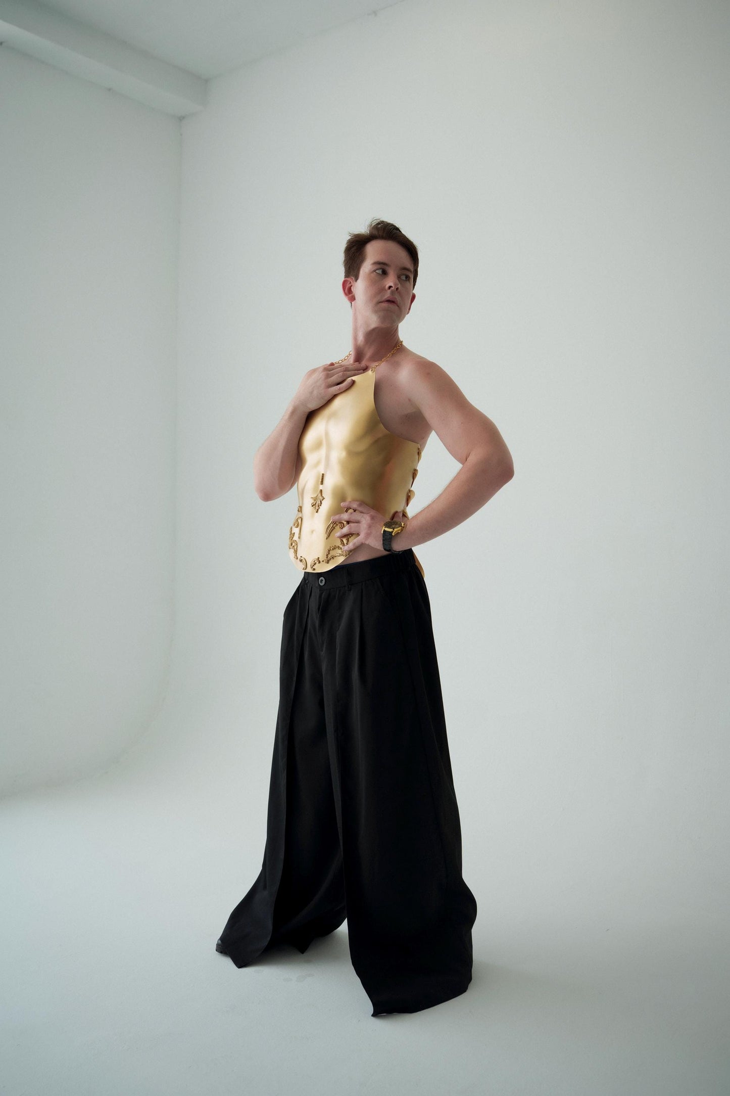 Custom Gold Corset: Men's Festival Stage Armor, Avant Garde Fashion