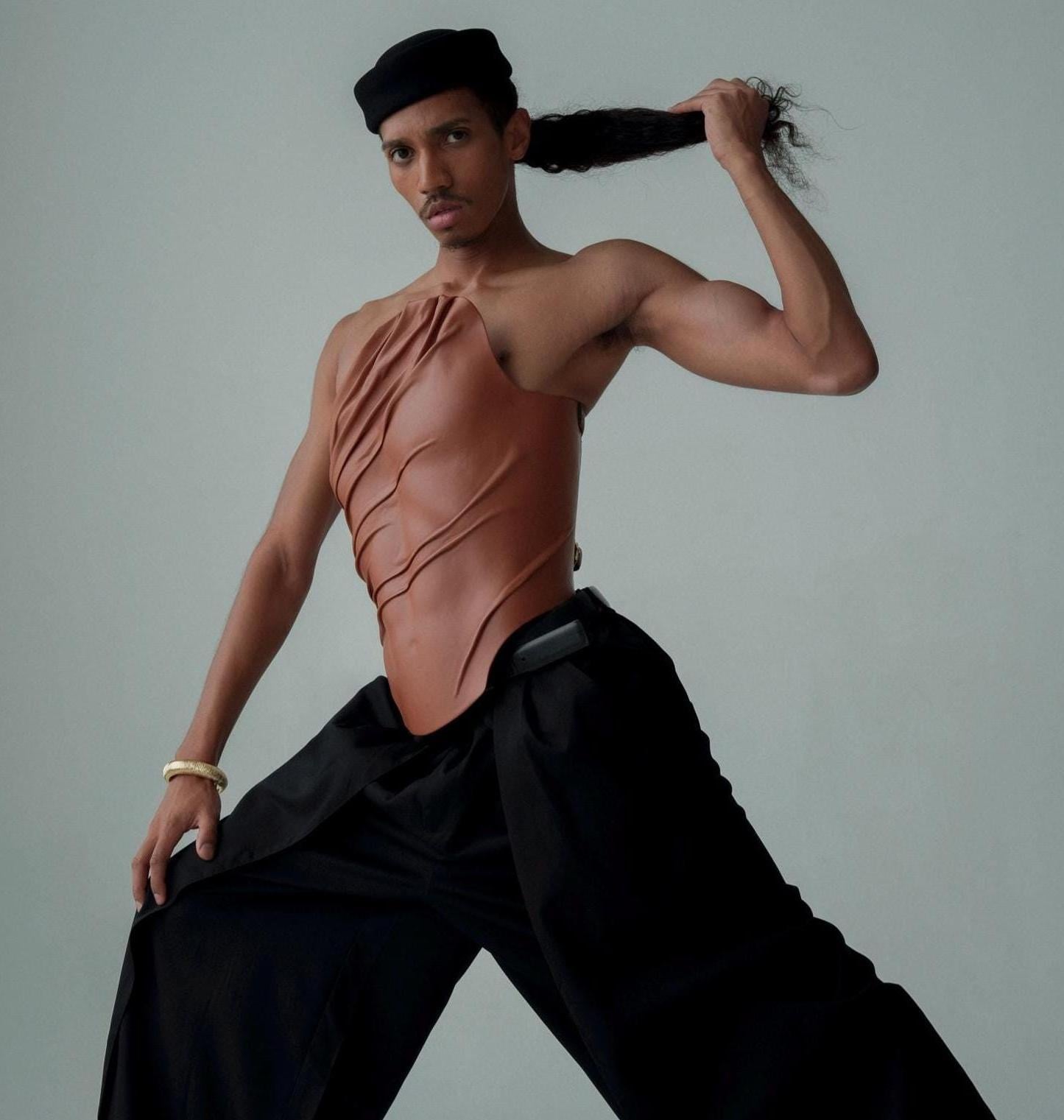 Sculptural Brown Vegan Leather Corset