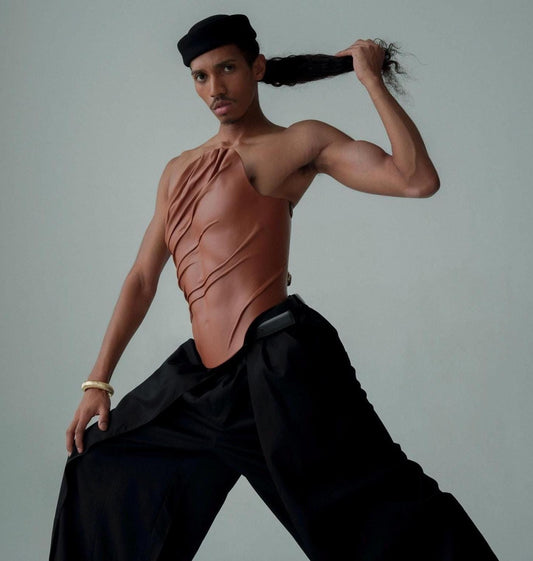 Sculptural Brown Vegan Leather Corset Top, Handmade Couture Bustier, Genderless Queer Fashion, Editorial Runway