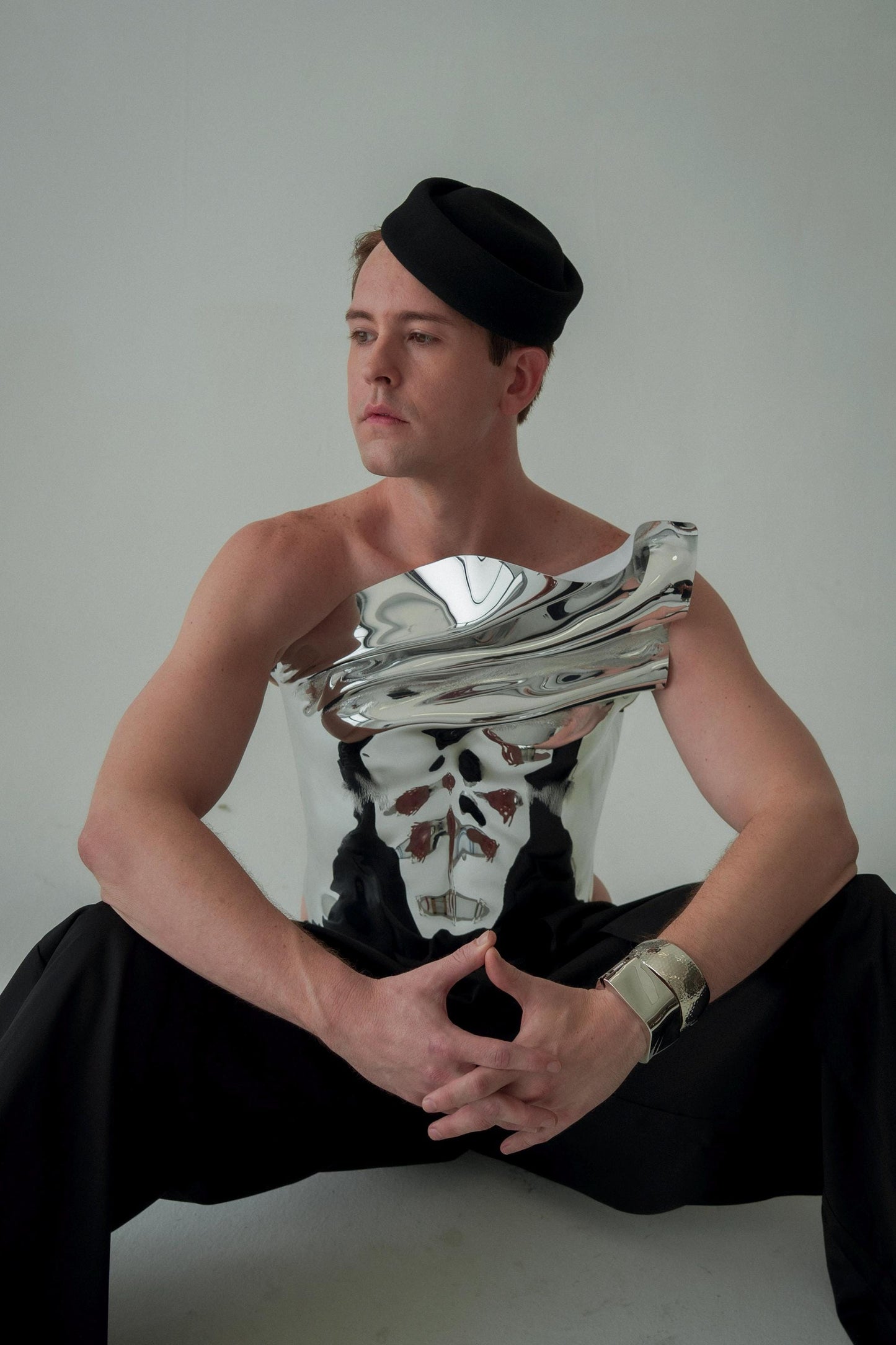 Men's Silver Metallic Corset Armor: Royal Chromium Fashion Top