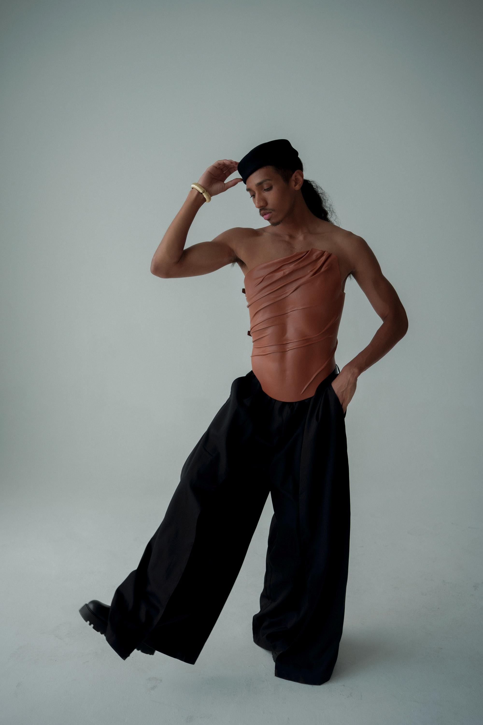 Sculptural Brown Vegan Leather Corset