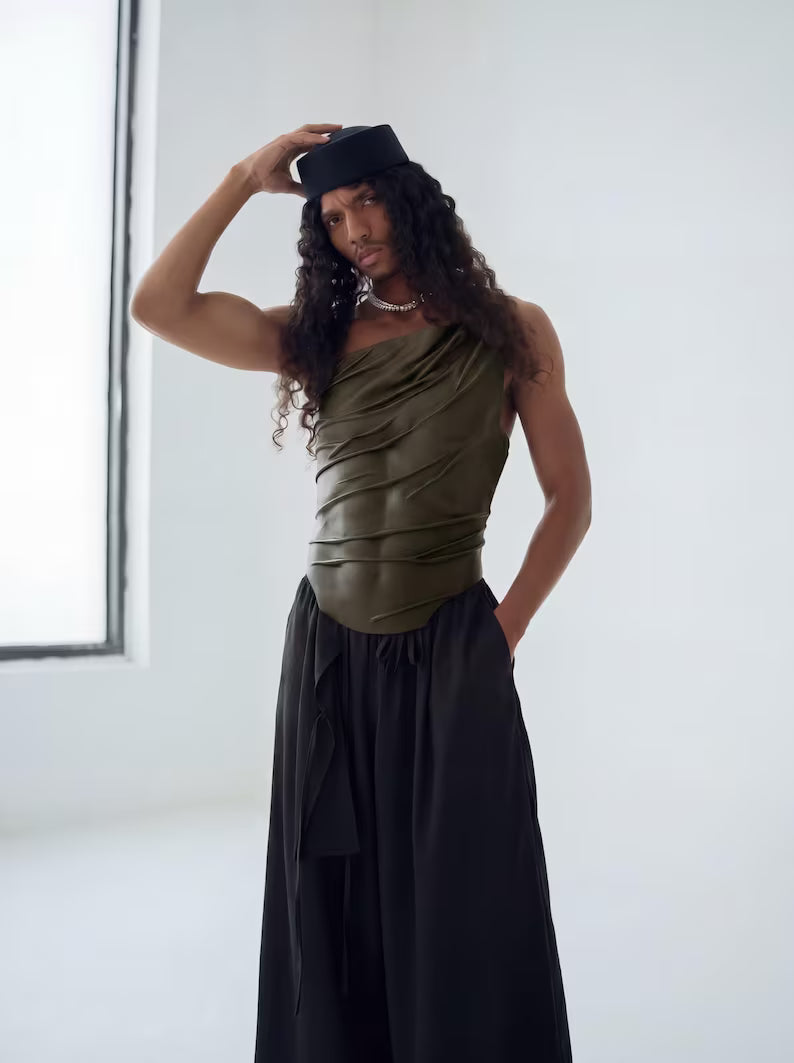 Men's Olive Sculptural Leather Corset